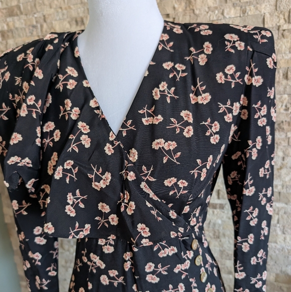 Vintage 90s Black Floral Dress Shoulder Pads Ruffle Slit Button Detail Sz 2 - Picture 2 of 14